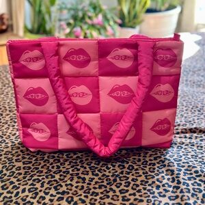 Pink Puffer Tote With Lips Pattern
